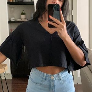 Black cotton cropped bell sleeve shirt